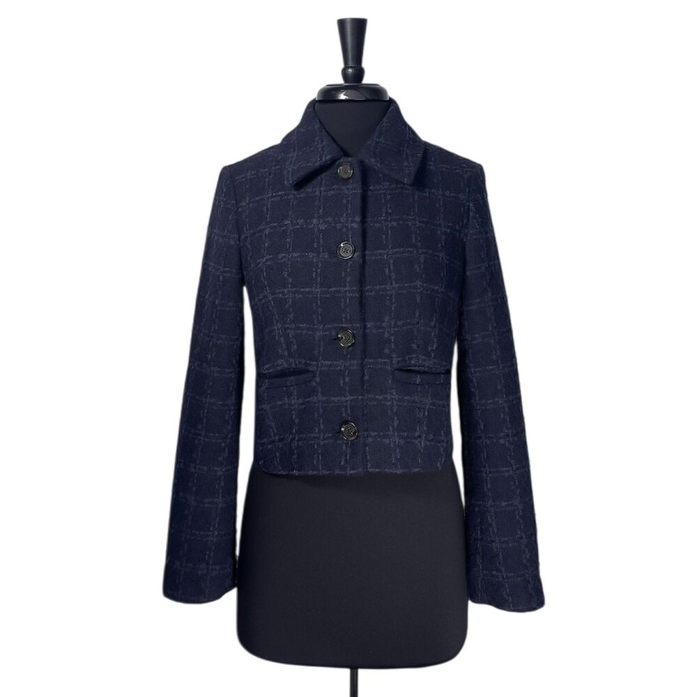 Banana Republic Boucle Jacket Womens XS Navy Cropped Textured Button Front Chic